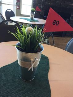 a small potted plant sitting on top of a table next to a red flag