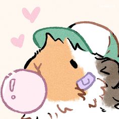 a drawing of a sheep wearing a green hat and holding a pink object in its mouth