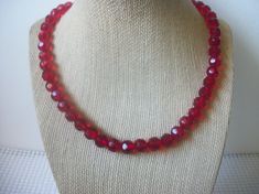 Retro Red Translucent Shorter Length Acrylic Beads Necklace 123020 Bright red Acrylic Beads Festive and 17 inches long Red Single Strand Crystal Necklace With Round Beads, Red Crystal Necklace With Single Strand Round Beads, Red Faceted Crystal Necklaces For Jewelry Making, Red Crystal Necklaces With Faceted Beads For Jewelry Making, Red Faceted Beaded Necklaces With Round Beads, Red Beaded Necklaces With Faceted Beads, Red Round Beads Crystal Necklace For Party, Red Crystal Round Beads Necklace For Party, Necklaces Diy