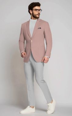 Experience elegance embodied in the Blush Pink Cotton Suit. Fabricated from the finest long staple cotton, its high-density weaving guarantees durability while maintaining a soft touch. Each suit is custom-made, ensuring a seamless fit that complements your physique. Its delicate blush pink hue adds a touch of sophistication, ideal for both formal events and casual outings. For eco-conscious, there's an option to tailor this suit as 100% vegan, merging style with sustainability. Pink Blazer Outfit Men, Pink Blazer Men, Blush Pink Suit, Blazer Men Outfit, Pink Suit Men, Pink Blazer Outfit, Mens Blazers, Custom Tuxedo, Wedding Outfit Men