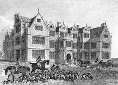 an old black and white drawing of people on horses in front of a large building