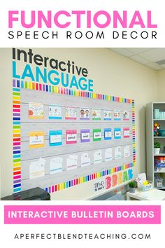 an interactive bulletin board with the words functional speech room decor in pink and white text