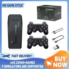 an advertisement for a video game system with two controllers in front of it and the text fast delivery 6 simulators are supported