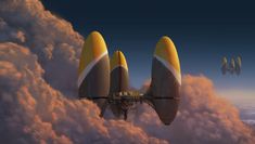 an artist's rendering of two planes flying in the sky with clouds behind them