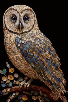 an owl sitting on top of a tree branch with lots of coins around its neck