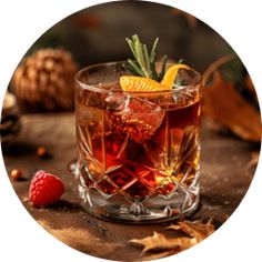 a drink with orange slices and rosemary garnish in a glass surrounded by autumn leaves