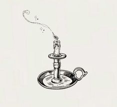 an ink drawing of a water fountain with a lit candle on it's side