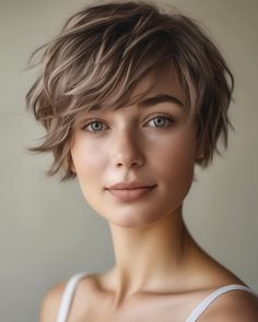 Womens Shorter Haircuts, Women’s Haircut Short, Short Thick Haircuts For Women, Lived In Short Hair, Short Shaggy Bob With Curtain Bangs, How To Curl Short Pixie Hair, Short Hair Blonde Highlights Brunettes, Short Pixie Shag Haircut, Dutch Bob Haircut