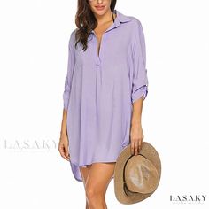 Lasaky - Stylish Beach Sun Protection Swimwear Shirt Dress with Deep V-Neck Beach Sunscreen, Gothic Shirts, Coverup Beach, Women's Blouses, Vintage Gothic, Deep Neckline, Beach Swimsuit, White Blouse, American Women