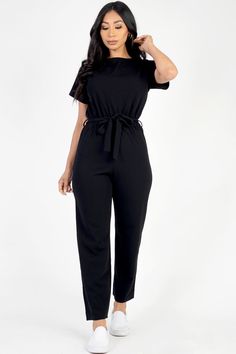 Tie Waist Relaxed Jumpsuit (CAPELLA) - Capella Apparel Salon Wear, Stretch Jumpsuit, Basic Wear, Knit Style, Night Out Outfit, Black Khakis, Night Outfits, Black Jumpsuit, Soft Light