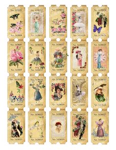 a set of nine tags with pictures of women and flowers on them, all in different styles