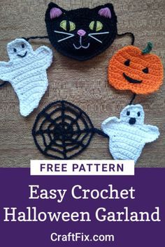 crochet halloween decorations with text overlay that says free pattern easy crochet halloween garland