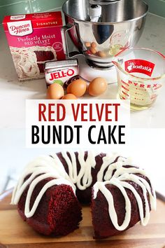 red velvet bundt cake with white icing on a cutting board next to ingredients