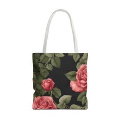 Sizes: 18" × 18'', Handle color: White Rose Patterns, Black Floral Print Tote Bag, Rose Tote Bag, Midnight Rose, Multicolor Floral Print Tote Bags, Black Tote, Rose Pattern, Running Errands, To Work