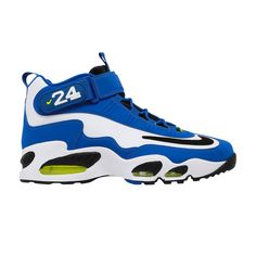 Find NIKE Air Griffey Max 1 'volt on Editorialist. To pay tribute to the 20th anniversary of the original 90s classic, Nike released the Air Griffey Max 1 'Volt' sneaker in May 2016. The Nike Air Griffey Max 1 sneaker was the first signature sneaker for baseball legend Ken Griffey Jr. First introduced in 1996, the shoe became one of the most popular turf trainers ever. The leather and nubuck upper is wrapped with its signature ankle strap accented with Griffey’s jersey number. Air Griffey Max 1, Blue Sneakers With Air Max Cushioning For Sports, Nike Blue Throwback Basketball Shoes, Nike Blue Throwback Sneakers, Ken Griffey Jr Shoes, Air Max 2, Griffey Jr, Ken Griffey Jr., Ken Griffey