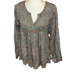 Excellent Condition New Rayon Blend Green Boho Print Long Sleeve Top, Green Long Sleeve Top With Boho Print, Green Long Sleeve Boho Print Top, Spring Floral Print Tunic Peasant Top, Spring Floral Print Peasant Tunic Top, Green Long Sleeve Peasant Blouse, Green Long Sleeve Peasant Top With Floral Print, Green Bohemian Peasant Top, Flowy Fit, Green Bohemian Flowy Peasant Top