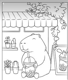 a coloring page with a bear holding a cup in it's hand and some plants