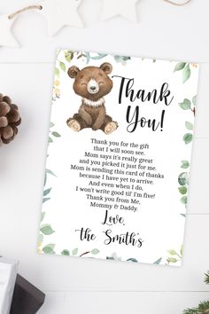 a thank card with a teddy bear on it and the words, thank you for the gift