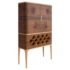 a wooden cabinet with an intricate design on the front and side panels, made out of wood