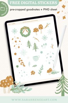 a tablet with christmas stickers on it and the text, free digital stickers pre - prepped goodies + png sheet