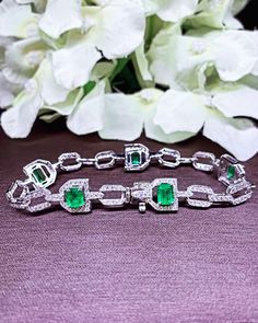 "A DREAM COMES TRUE! Gorgeous masterpiece! Ultimate ART-DECO Style Bracelet! Featuring 5 pieces of extra rare GLOWING BRIGHT GREEN COLOMBIAN Emerald weighting a total of 3.85 carats... and OVER 240 pieces of SPARKLING, top-grade, F/VS Diamonds (2.24 carats in total). SET IN ONE-OF-A-KIND 18K Solid White Gold, meticulously designed and handcrafted BRACELET! A true heirloom piece that can transcend beyond times and eras.... JUST FINISHED, HANDMADE BY OUR GOLDSMITHS! DAZZLING COLOMBIAN EMERALDS! Ex Wooden Bracelet, Handcrafted Bracelets, Colombian Emeralds, Vs Diamond, Pretty Bracelets, Handmade Bracelet, Emerald Diamond, Bracelet Jewelry, Handmade Pendants