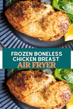 frozen boneless chicken breast on a plate with greens and lemon wedges