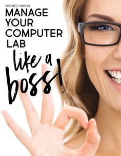 a woman wearing glasses making the vulcan sign with her hand and smiling at the camera text reads manage your computer lab like a boss