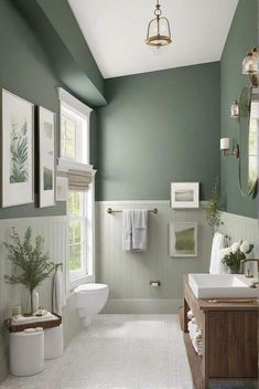 Best Colors For Tiny Bathroom, Painted Bathroom Inspiration, Bathroom Design Color Palette, Modern Room Paint Wall Colors, Light Olive Bathroom, Bathroom Painted Green, Newburg Green Bathroom, Green Color For Bathroom, Green Toilet Design