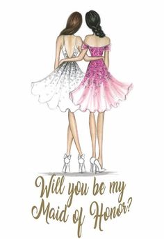 two women in dresses are standing together with the words will you be my bridesmaid?