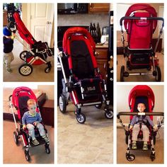 a collage of photos shows a baby in a red stroller and another child in a blue striped shirt