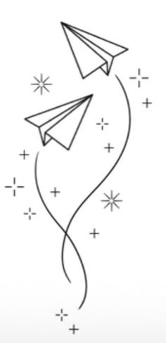 a line drawing of two paper airplanes flying in the sky