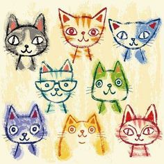 a group of cats that are drawn in colored pencils