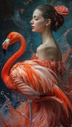 a woman in an orange dress with a pink flamingo on her body and water around her