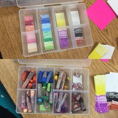 two plastic containers filled with different colored crayons and some other crafting supplies