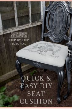 an old chair is painted black and white with the words quick and easy seat cushions