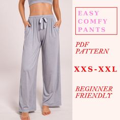 a woman wearing grey pants with the text easy comfy pants pattern xxs - xxi beginner friendly