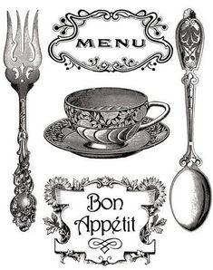 an old fashioned menu with spoons and forks