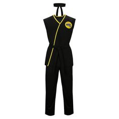 a black and yellow jumpsuit with the letter m on it