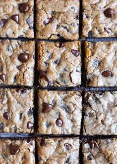 chocolate chip cookie bars stacked on top of each other