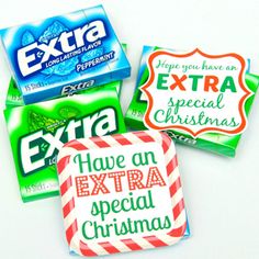 three different types of christmas candy on a white surface with the words extra, have an extra special christmas written on them