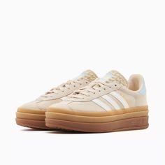 Brand New Big Kids Size+1.5=Womens Size Beige Flat Sneakers With Contrast Sole, Sporty Beige Closed Toe Sneakers, Cream Sneakers With Rubber Sole, Cream Sneakers With Textured Sole, Closed Toe, Adidas Bold, Adidas Gazelles, Adidas Originals Shoes, Gazelle Bold, Adidas Shoes Originals