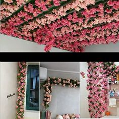 pink flowers are hanging from the ceiling in this bedroom