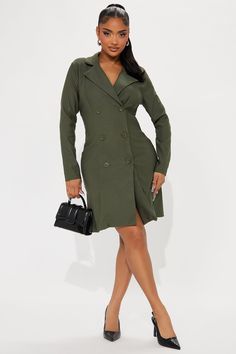 Available In Black, Olive, And Green. Blazer Mini Dress Collar Long Sleeve Button Detail Stretch 97% Polyester 3% Spandex Imported | Sarah Stretch Blazer Mini Dress in Olive Green size Large by Fashion Nova Olive Fashion, Blazer Mini Dress, Dress Collar, Green Blazer, Black Olive, Collar Dress, Button Detail, Fashion Nova, Olive Green