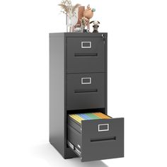 an office file cabinet with two drawers on each side and files in the bottom drawer