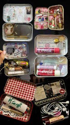 the contents of an organized travel case are shown in this image, including pens and pencils