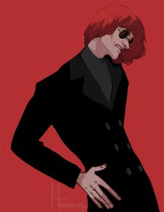 a drawing of a woman with red hair and glasses on, wearing a black coat