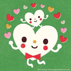 two hearts with faces and arms are in the air, surrounded by smaller hearts on a green background