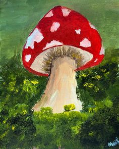 a painting of a mushroom in the grass