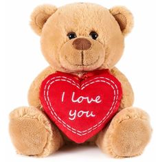 a brown teddy bear holding a red heart with the words i love you written on it