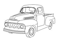 an old pick up truck is shown in this black and white drawing, it appears to be from the 1950's